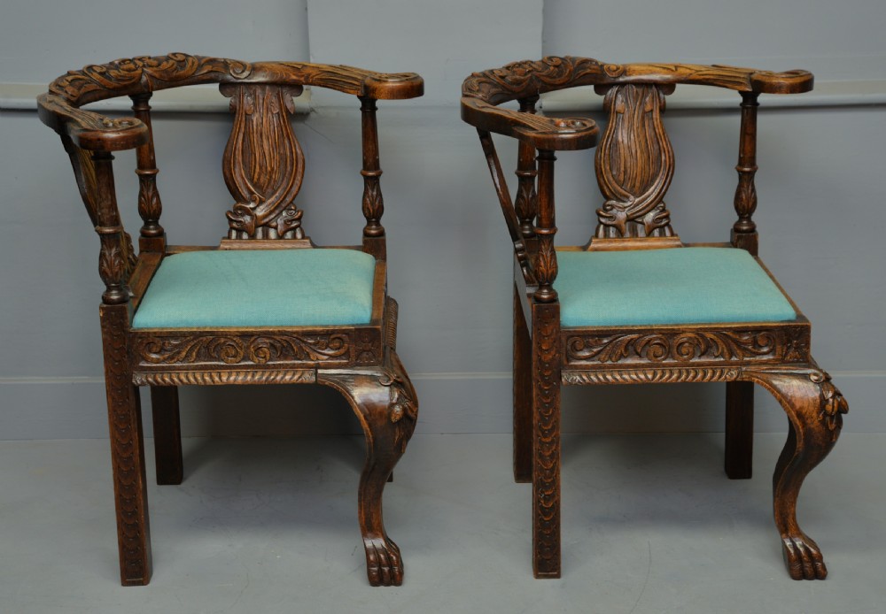 Pair Of Victorian Elaborately Carved Oak Corner Chairs View III