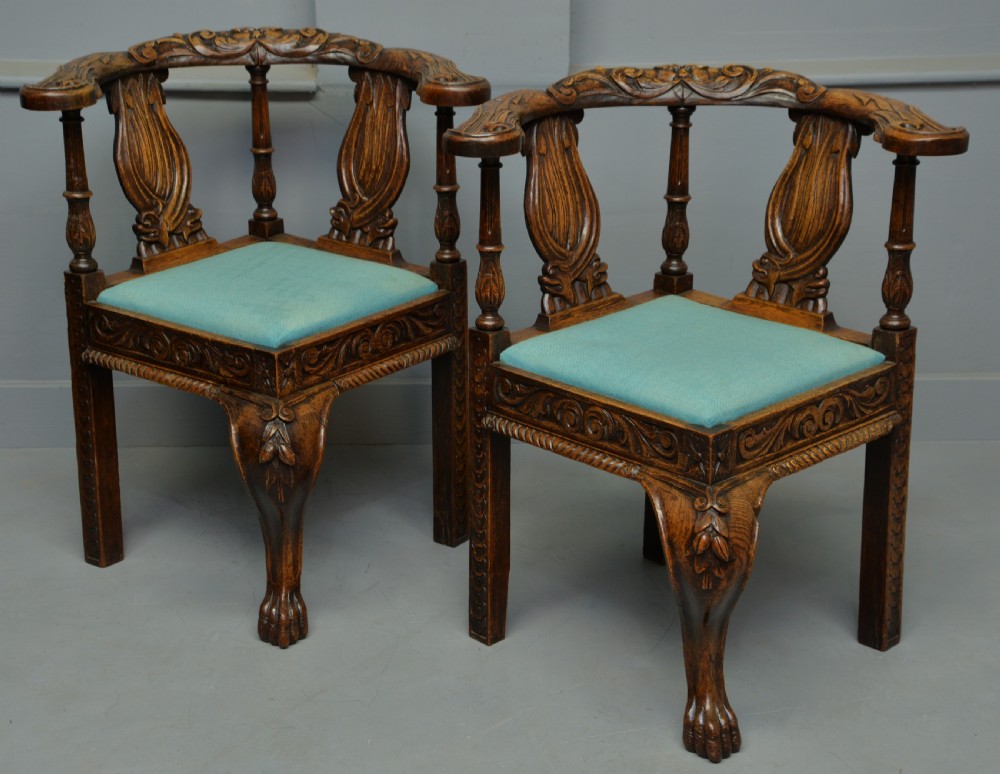 Pair Of Victorian Elaborately Carved Oak Corner Chairs View X
