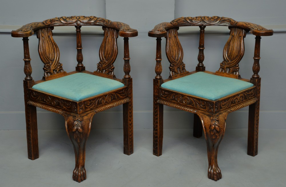 Pair Of Victorian Elaborately Carved Oak Corner Chairs View XI