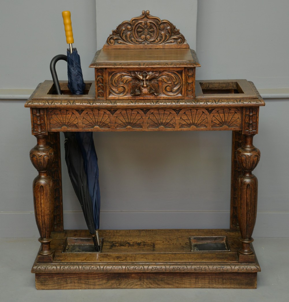 Charming Jacobean Revival Oak Stick And Umbrella Hall Stand