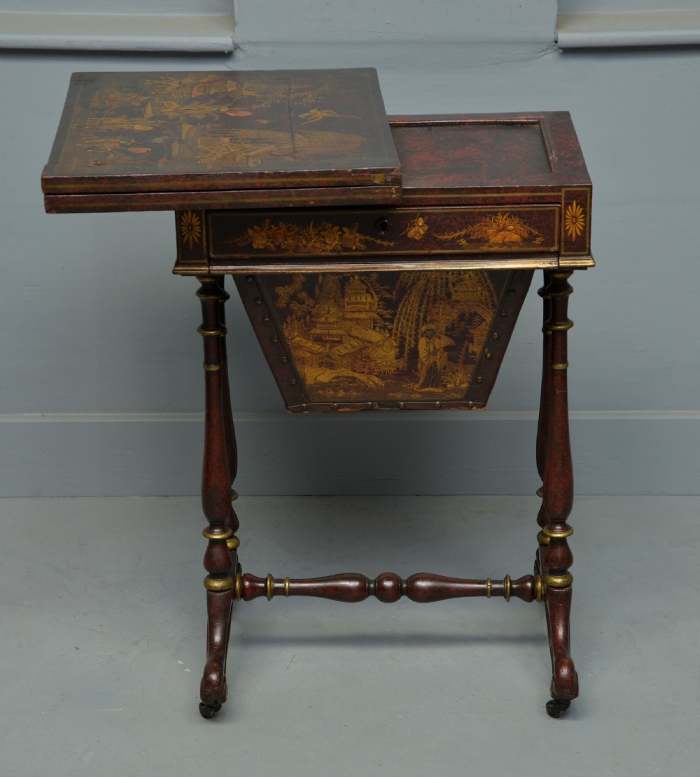 Early 19th Century Chinoiserie Red-Lacquered Games / Sewing Table View IV