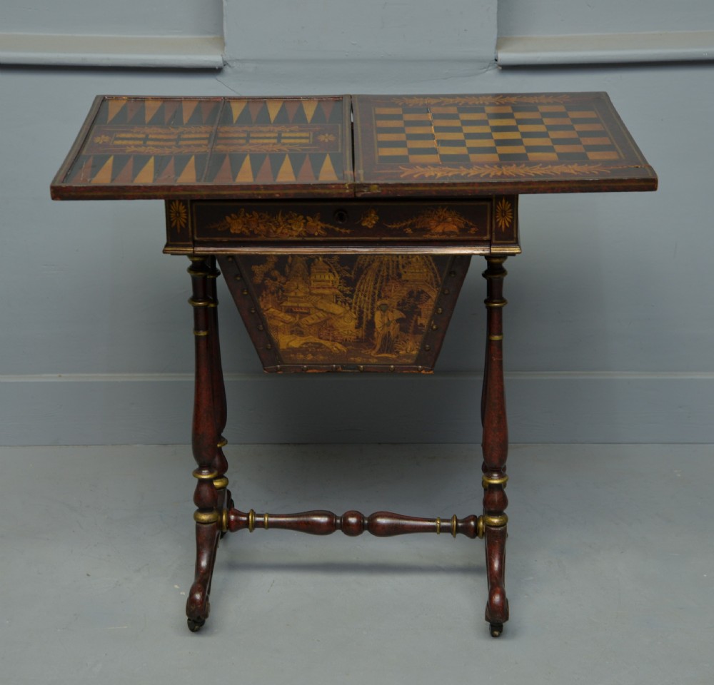Early 19th Century Chinoiserie Red-Lacquered Games / Sewing Table View V