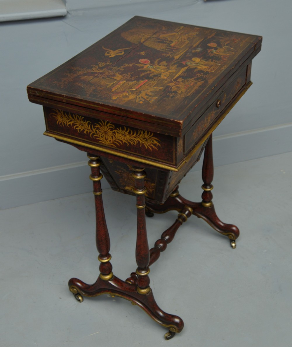 Early 19th Century Chinoiserie Red-Lacquered Games / Sewing Table View VIII