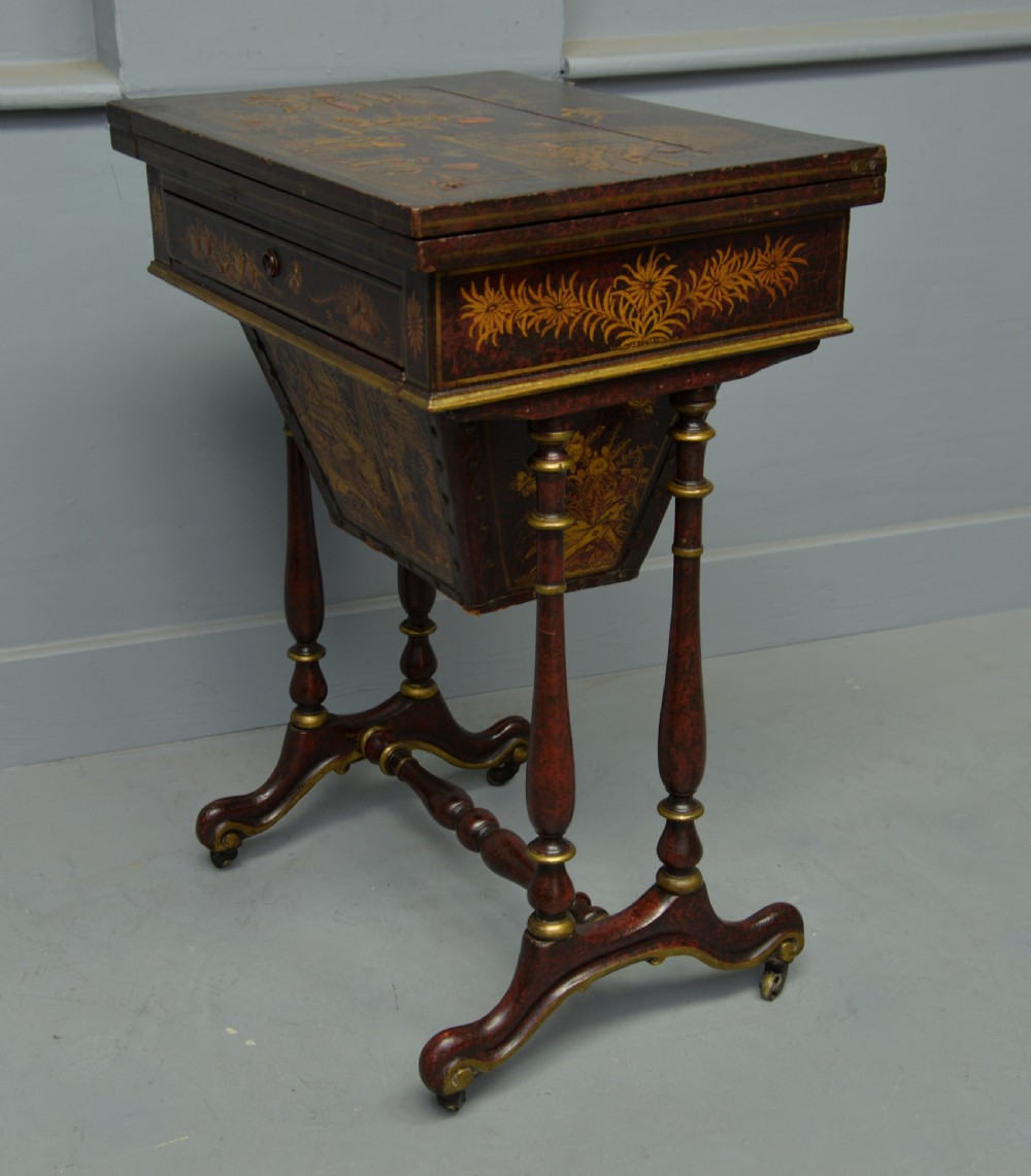 Early 19th Century Chinoiserie Red-Lacquered Games / Sewing Table View X