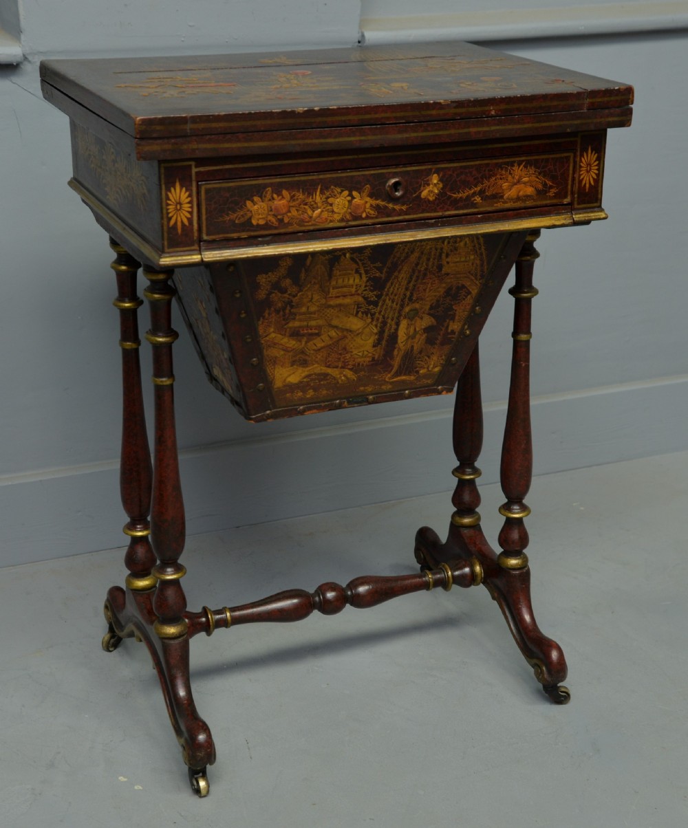 Early 19th Century Chinoiserie Red-Lacquered Games / Sewing Table View XI