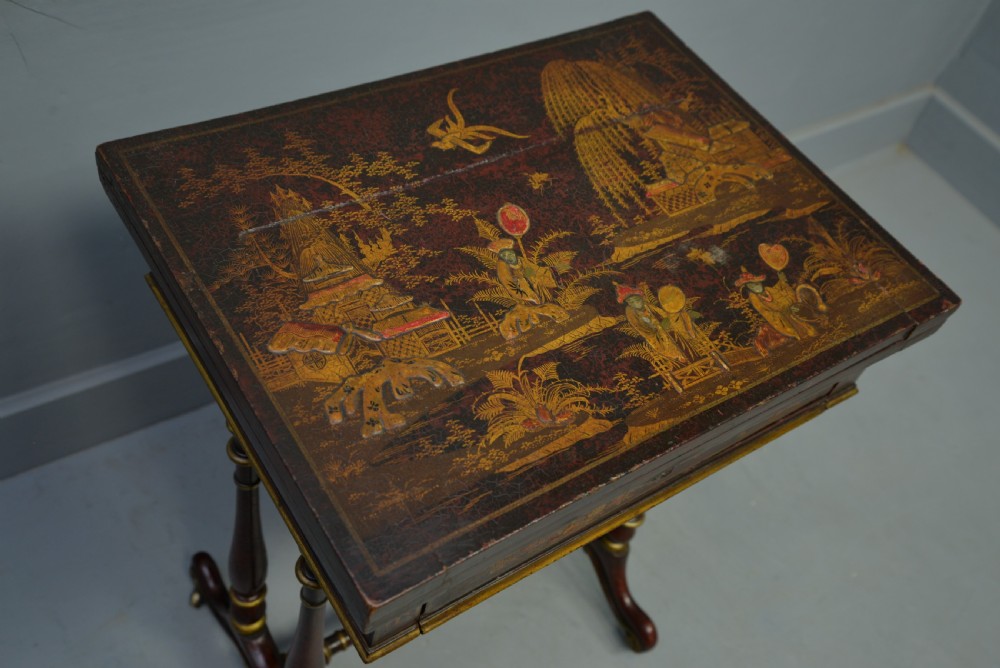 Early 19th Century Chinoiserie Red-Lacquered Games / Sewing Table View XII
