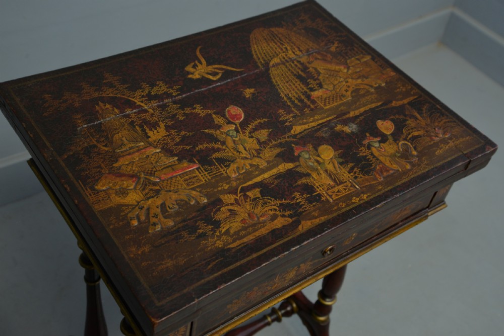 Early 19th Century Chinoiserie Red-Lacquered Games / Sewing Table View XIII