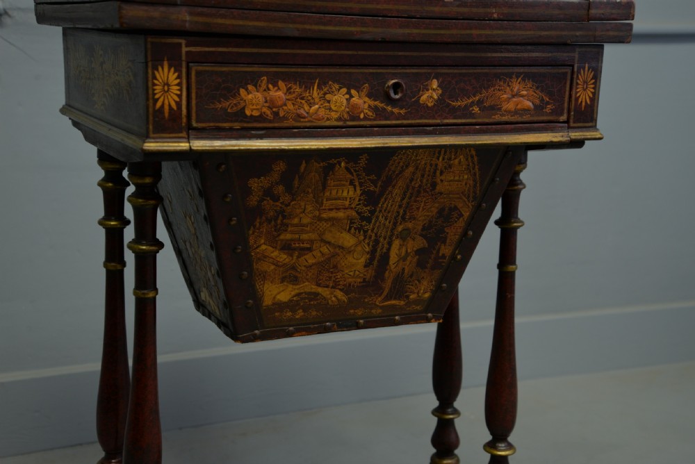 Early 19th Century Chinoiserie Red-Lacquered Games / Sewing Table View XIV