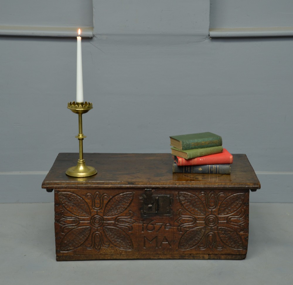 Charming 17th Century Carved Oak Box / Small Chest Dated 1670 View II