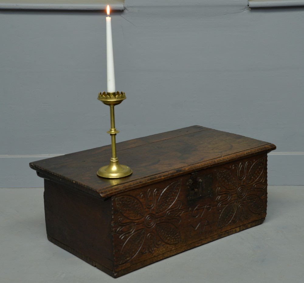 Charming 17th Century Carved Oak Box / Small Chest Dated 1670 View III