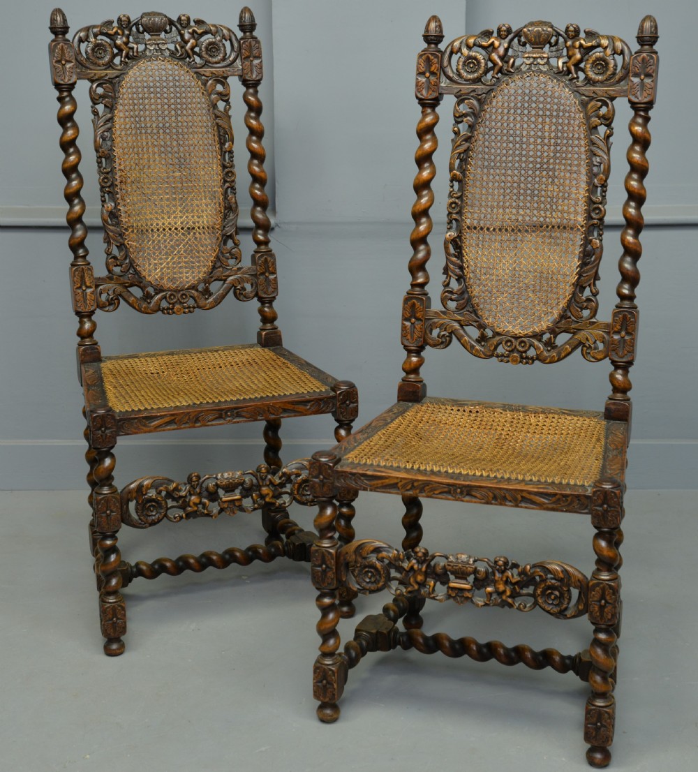 Carolean Revival Pair Of Carved Oak Side Hall Chairs