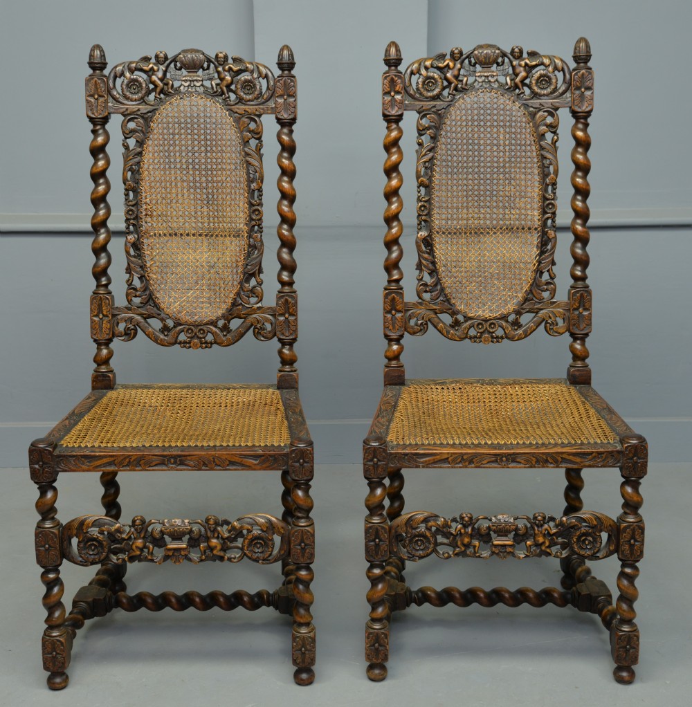 Carolean Revival Pair Of Carved Oak Side Hall Chairs View III