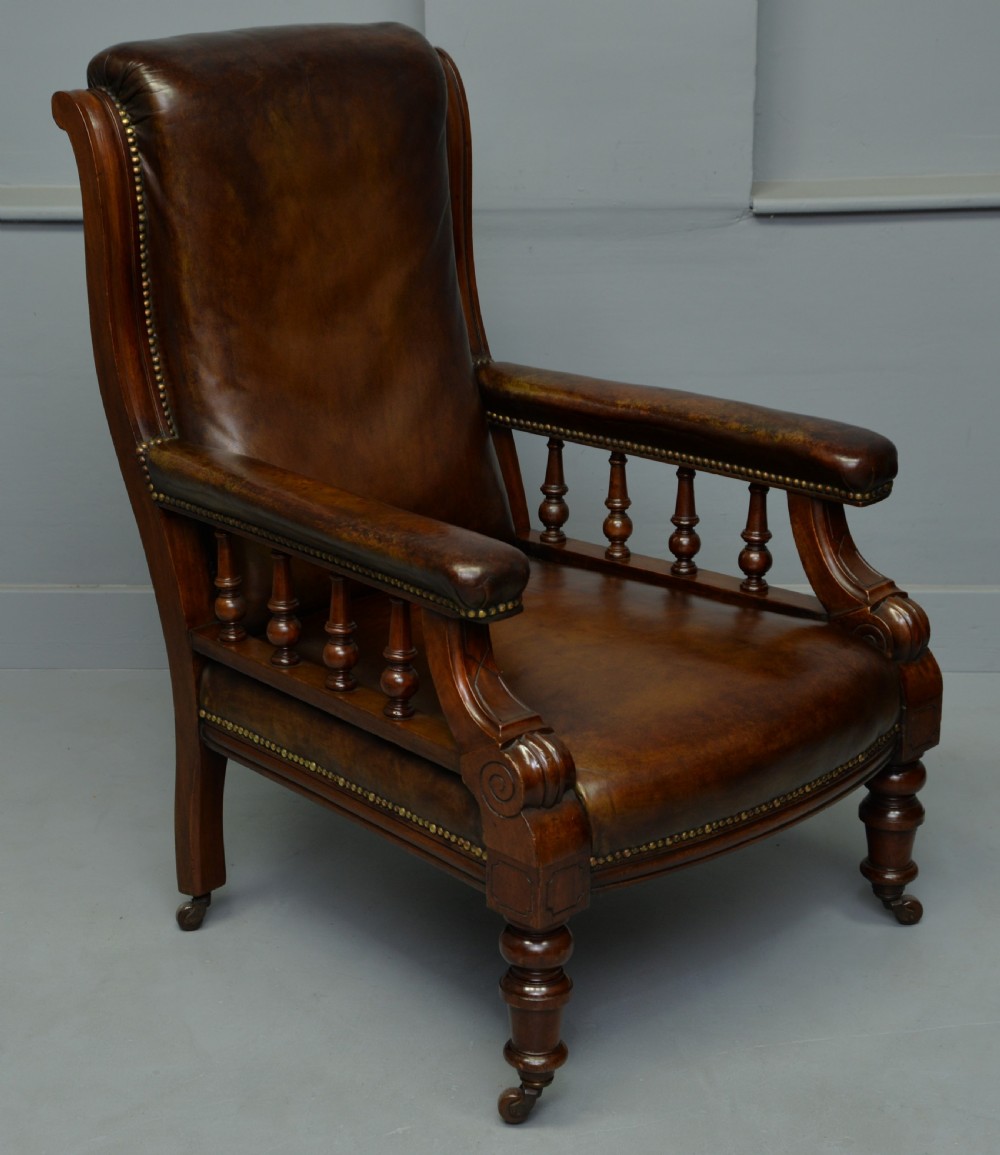 Handsome Victorian Leather & Mahogany Library Chair