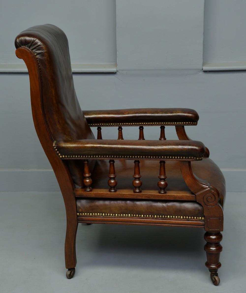 Handsome Victorian Leather & Mahogany Library Chair View III