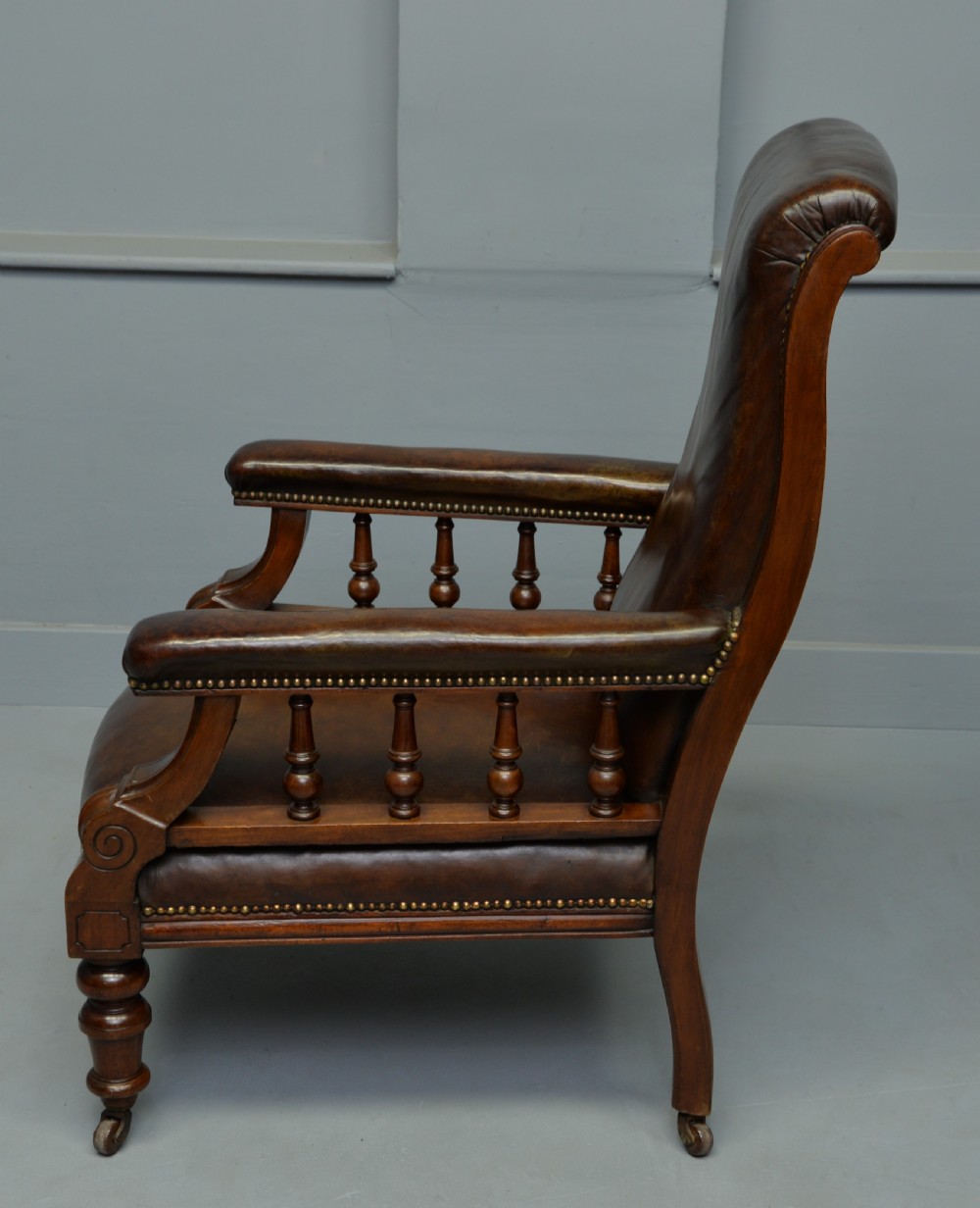 Handsome Victorian Leather & Mahogany Library Chair View V