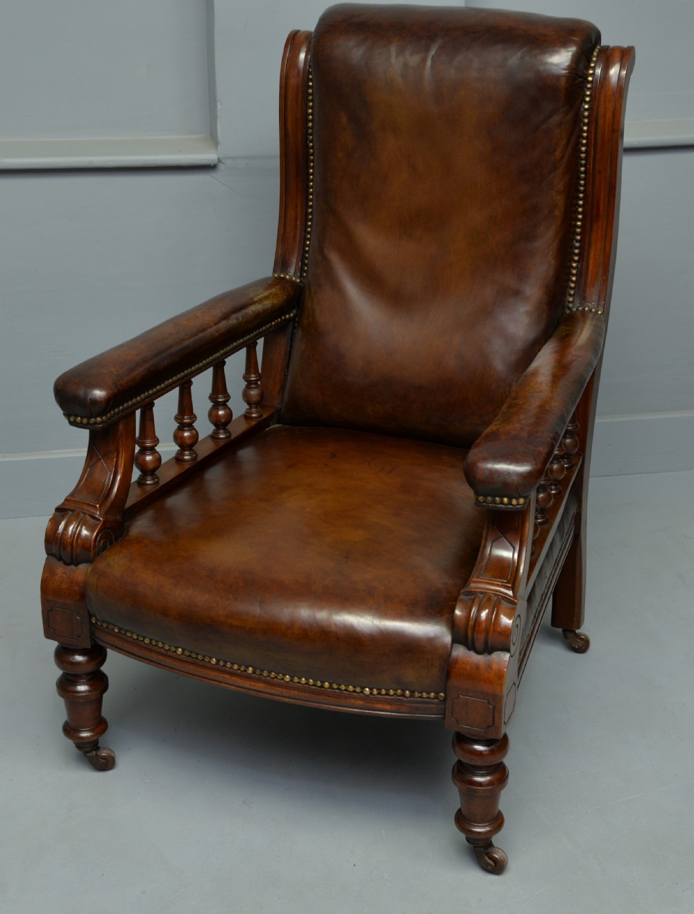 Handsome Victorian Leather & Mahogany Library Chair View VI