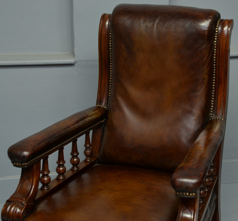 Handsome Victorian Leather & Mahogany Library Chair View VIII