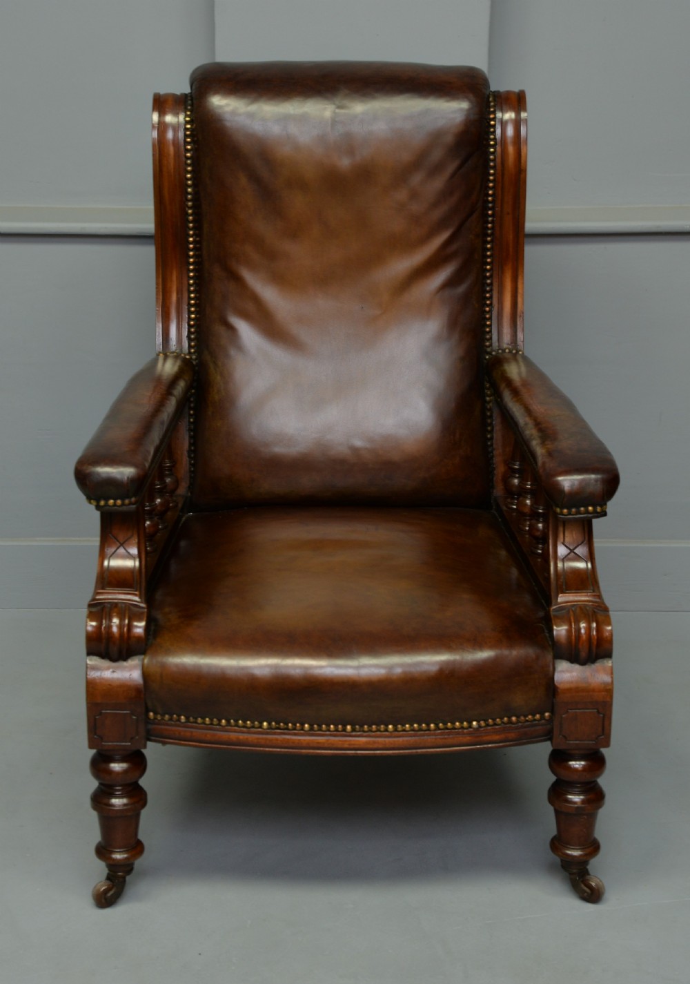 Handsome Victorian Leather & Mahogany Library Chair View IX