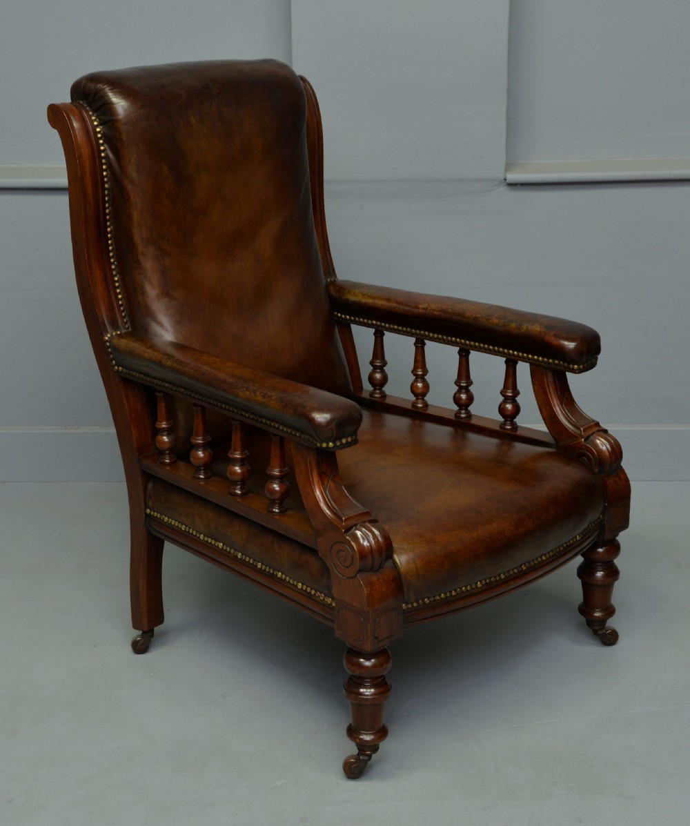 Handsome Victorian Leather & Mahogany Library Chair View X