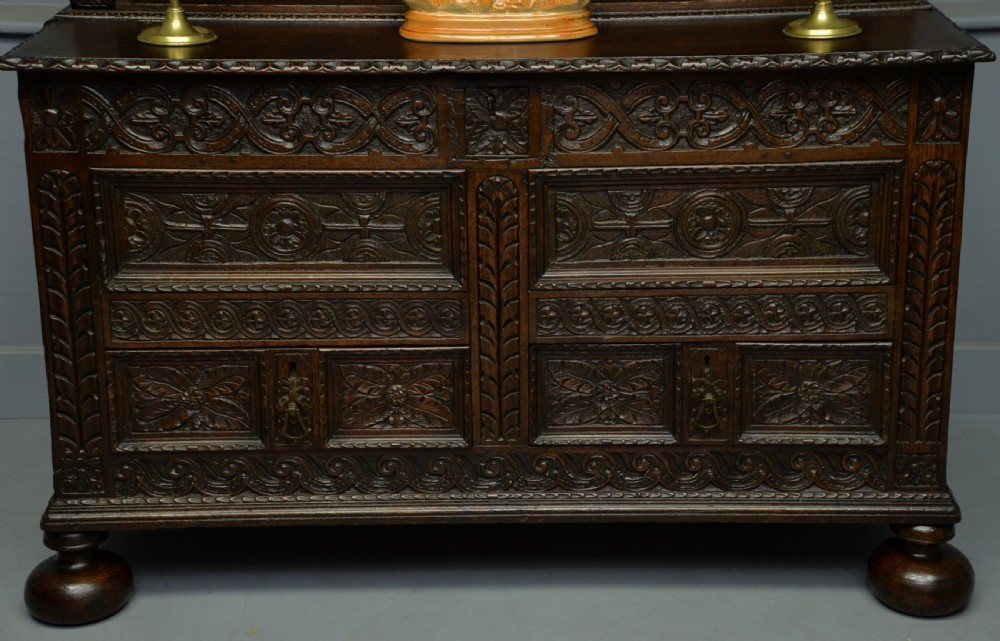 Adapted 17th Century Carved Oak Mule Chest / Bookcase View III