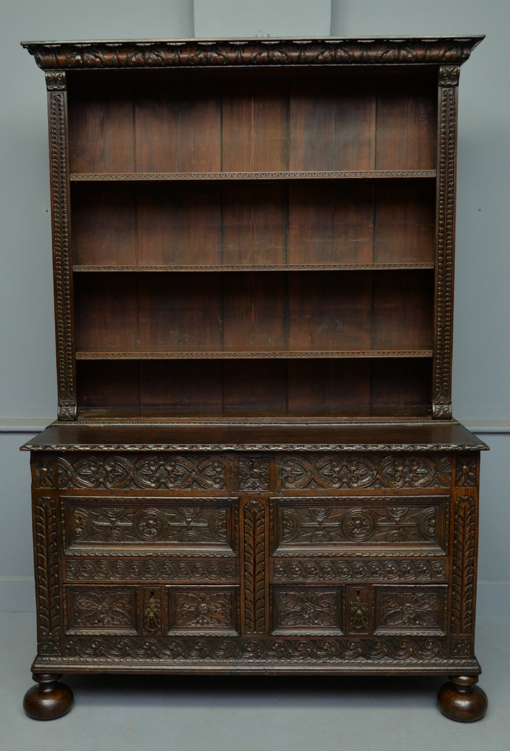 Adapted 17th Century Carved Oak Mule Chest / Bookcase View IV
