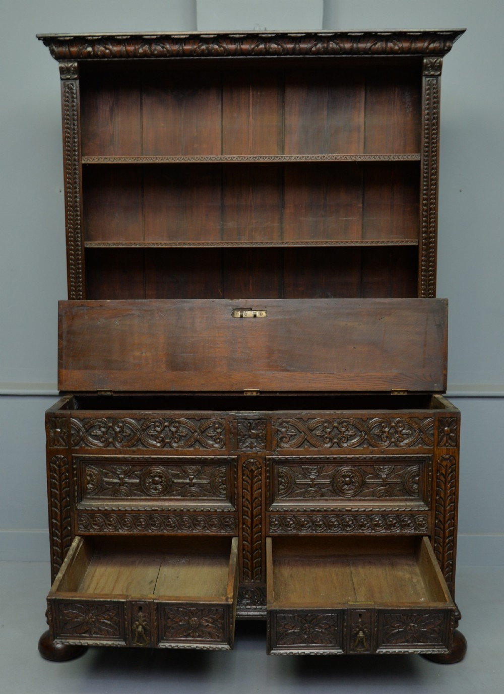 Adapted 17th Century Carved Oak Mule Chest / Bookcase View V
