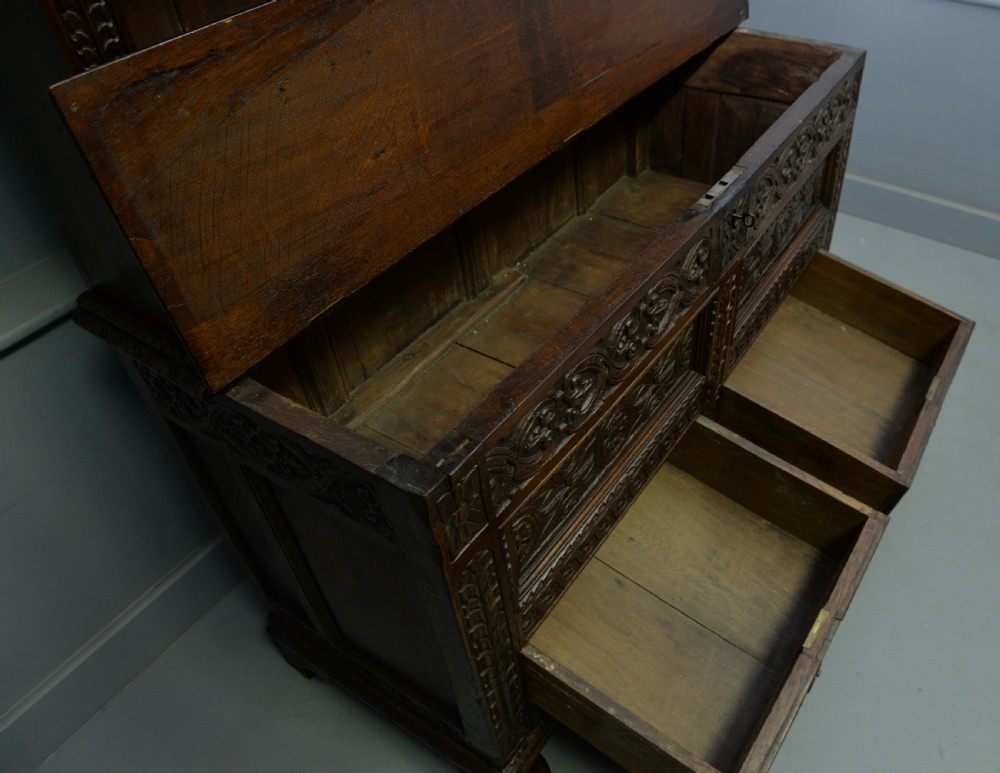 Adapted 17th Century Carved Oak Mule Chest / Bookcase View VI