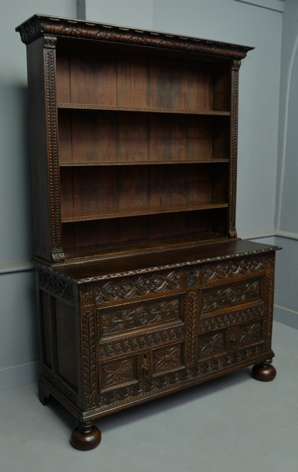 Adapted 17th Century Carved Oak Mule Chest / Bookcase View VIII