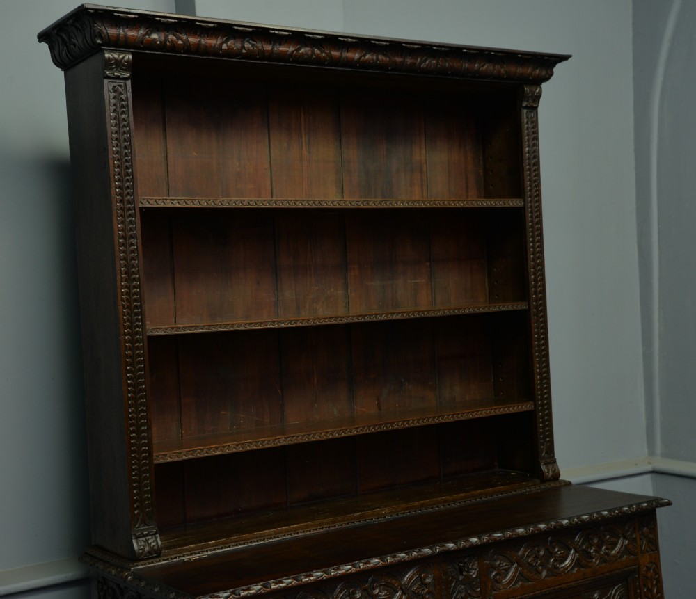 Adapted 17th Century Carved Oak Mule Chest / Bookcase View X