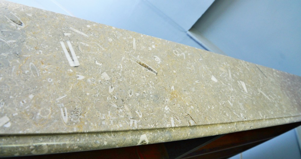Regency Mahogany Open Bookcase- Fossil Limestone Top View XVI