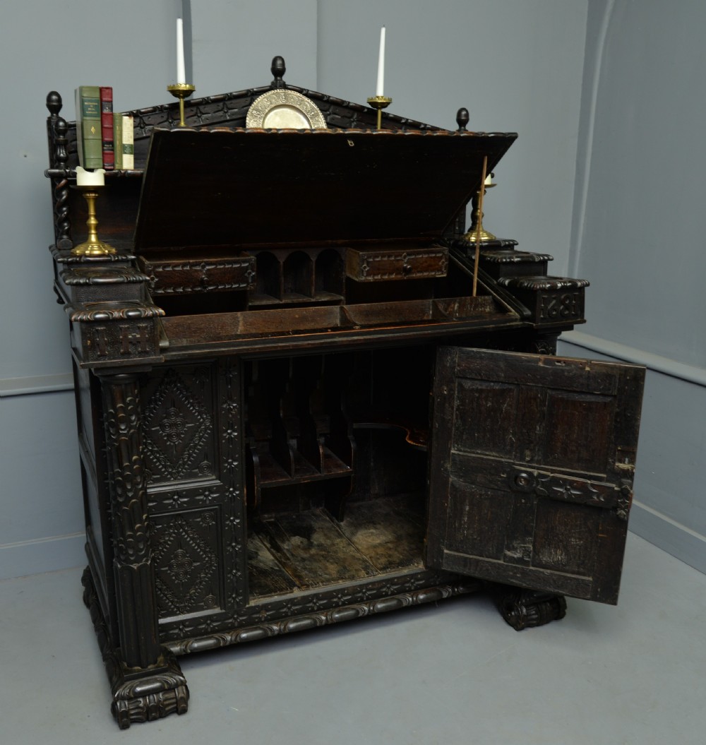 Adapted 17th Century Carved Oak Cupboard / Standing Bureau View VII