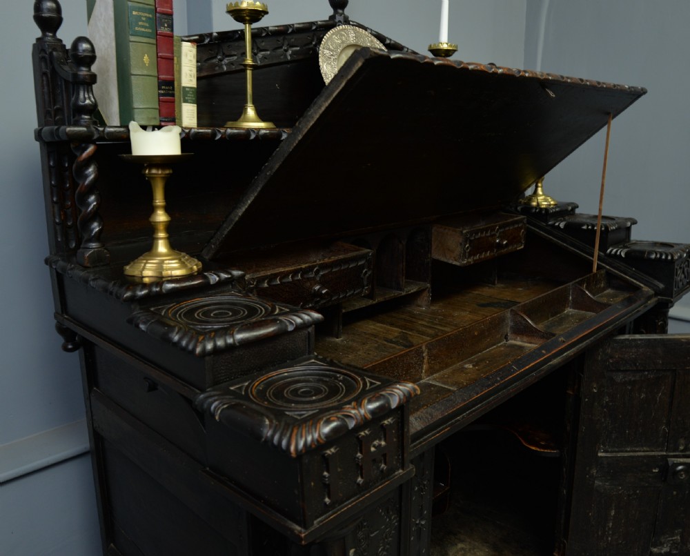 Adapted 17th Century Carved Oak Cupboard / Standing Bureau View VIII