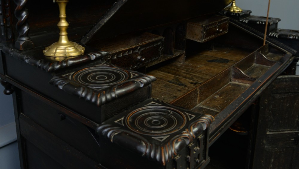 Adapted 17th Century Carved Oak Cupboard / Standing Bureau View IX