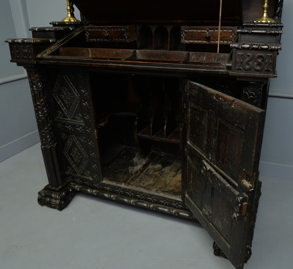 Adapted 17th Century Carved Oak Cupboard / Standing Bureau View XI