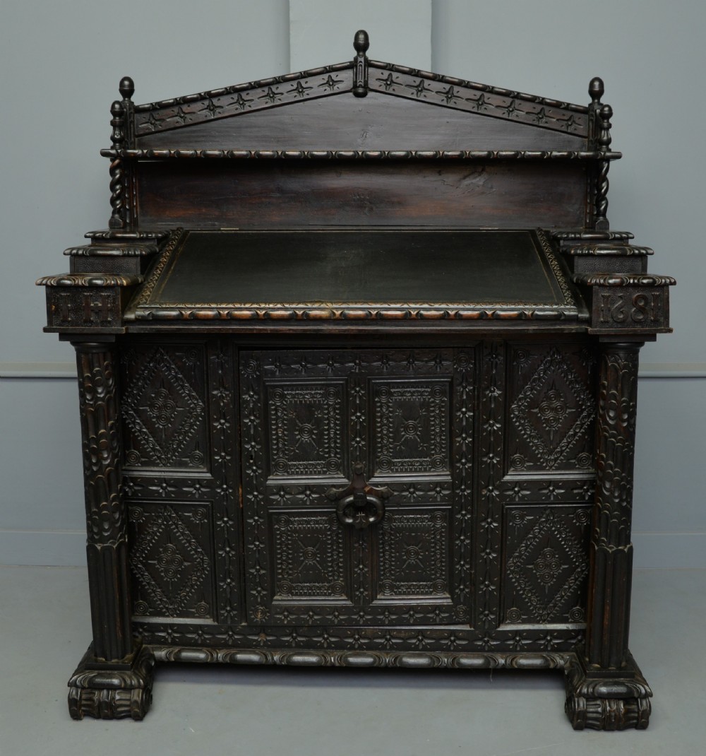 Adapted 17th Century Carved Oak Cupboard / Standing Bureau View XII