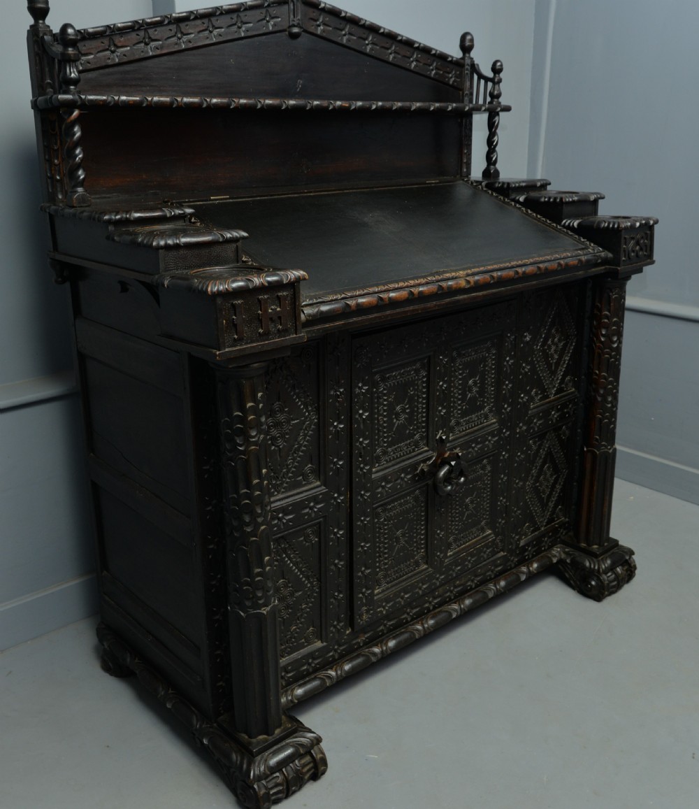 Adapted 17th Century Carved Oak Cupboard / Standing Bureau View XVI