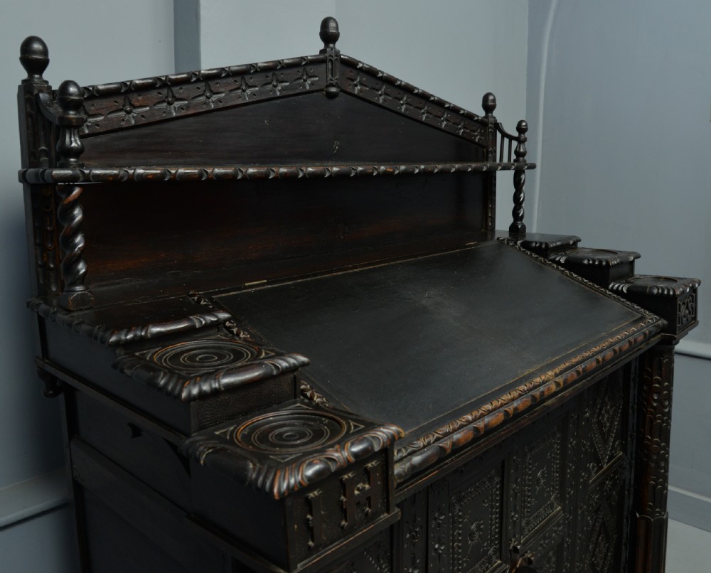 Adapted 17th Century Carved Oak Cupboard / Standing Bureau View XVII