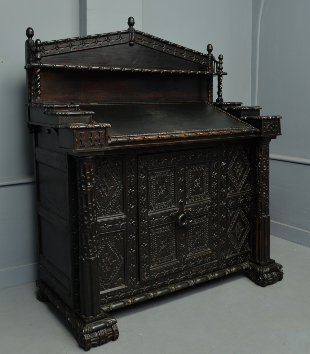 Adapted 17th Century Carved Oak Cupboard / Standing Bureau View XVIII