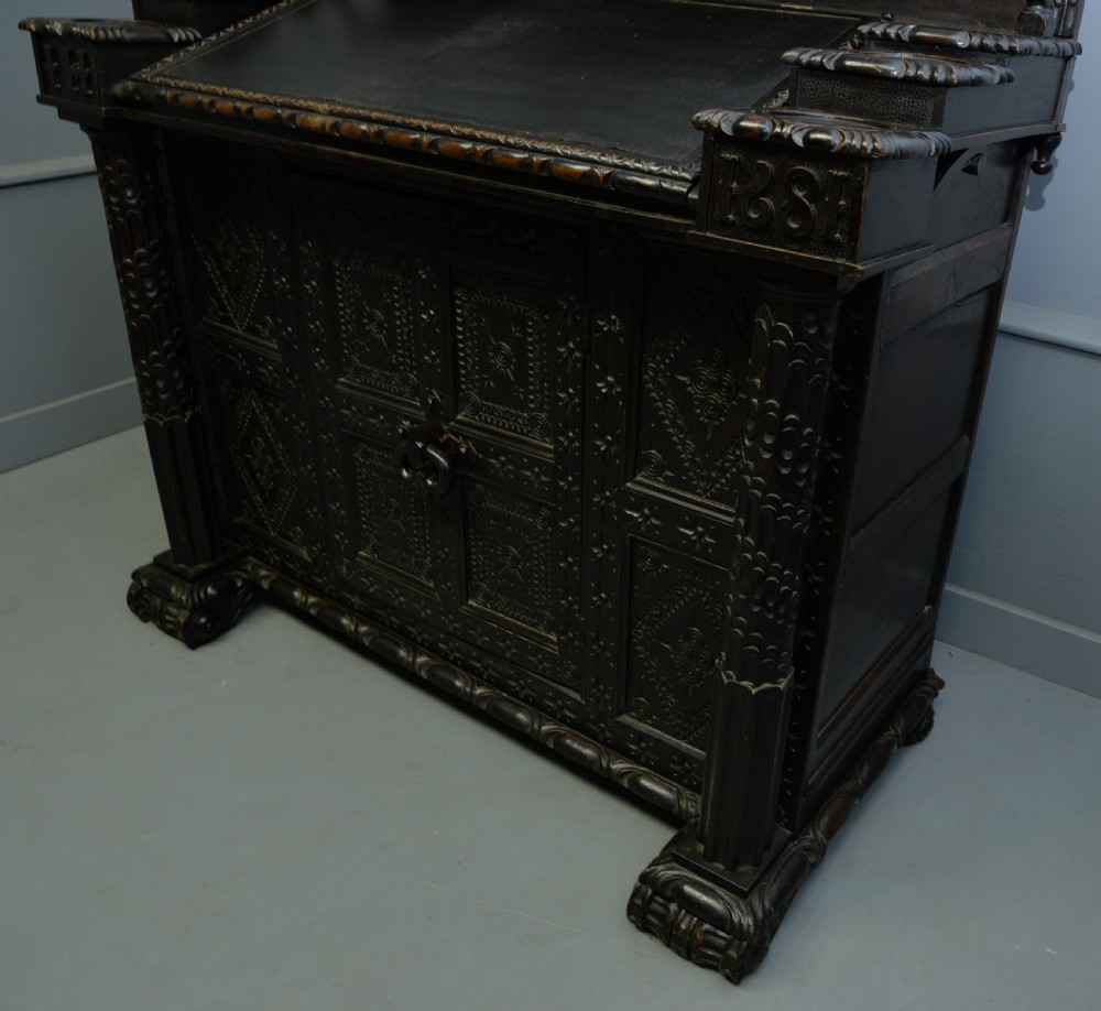 Adapted 17th Century Carved Oak Cupboard / Standing Bureau View XIX