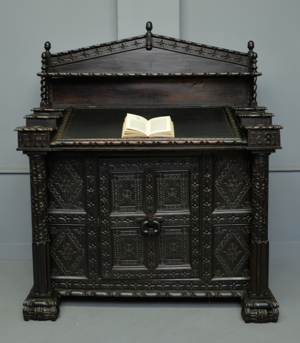 Adapted 17th Century Carved Oak Cupboard / Standing Bureau View XX