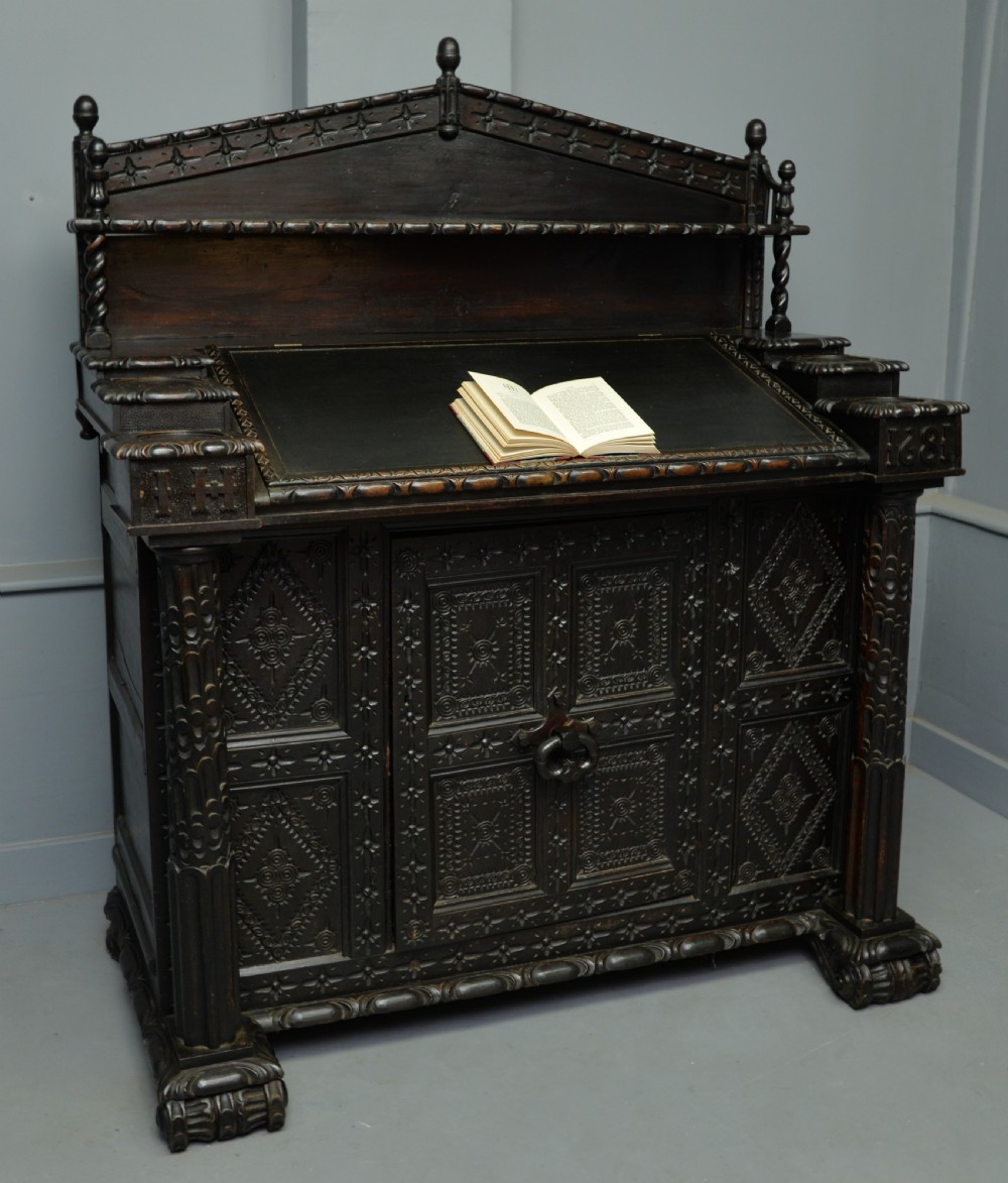 Adapted 17th Century Carved Oak Cupboard / Standing Bureau View XXI