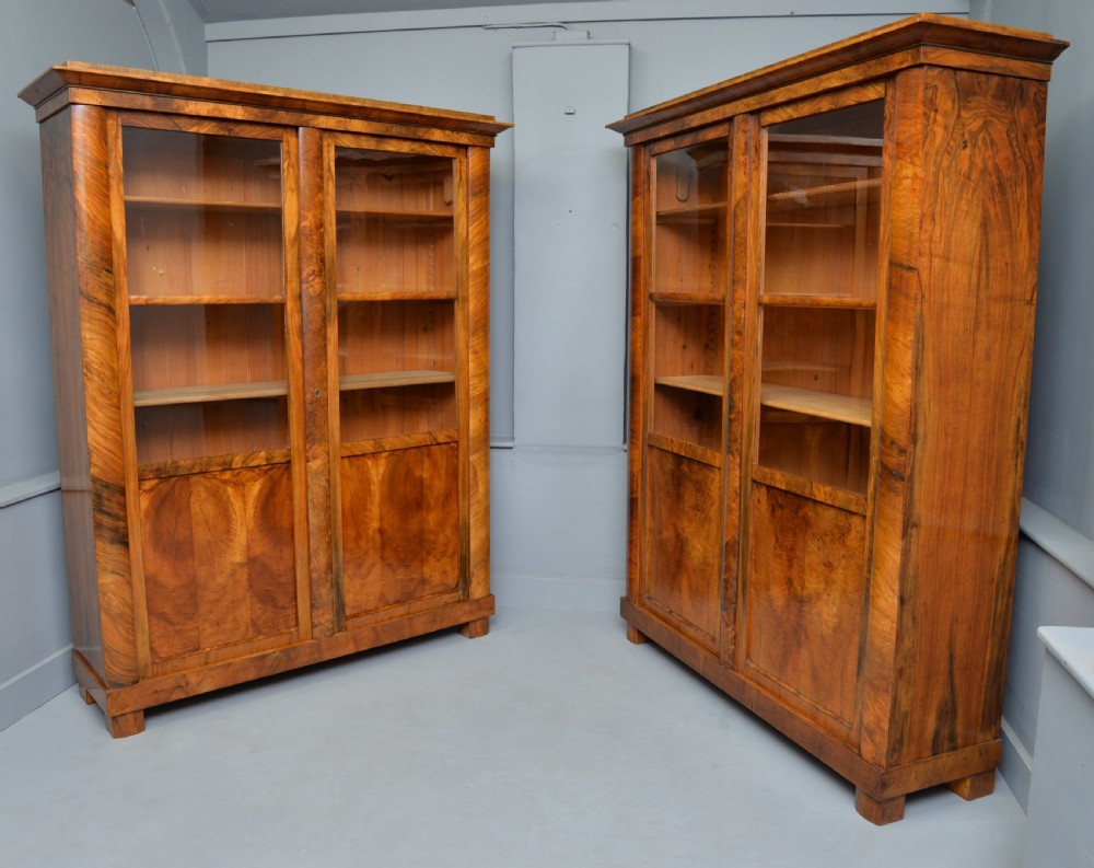 Striking Pair Of Biedermeier Figured Walnut Bookcase Cabinets View IX