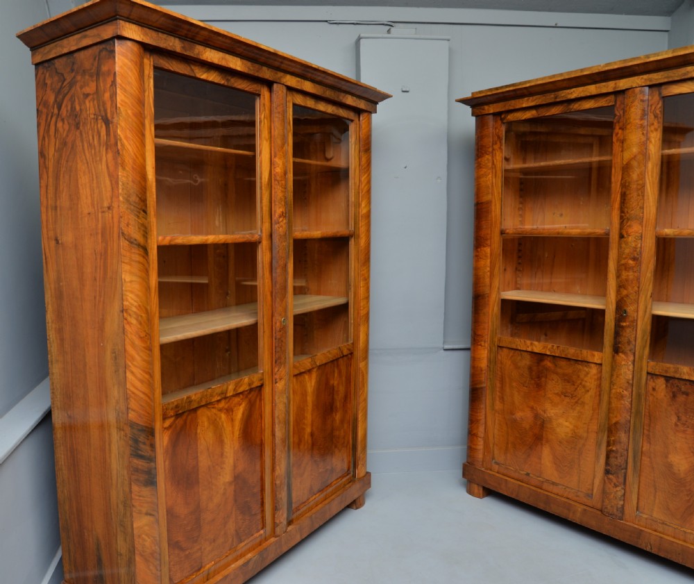 Striking Pair Of Biedermeier Figured Walnut Bookcase Cabinets View XIII