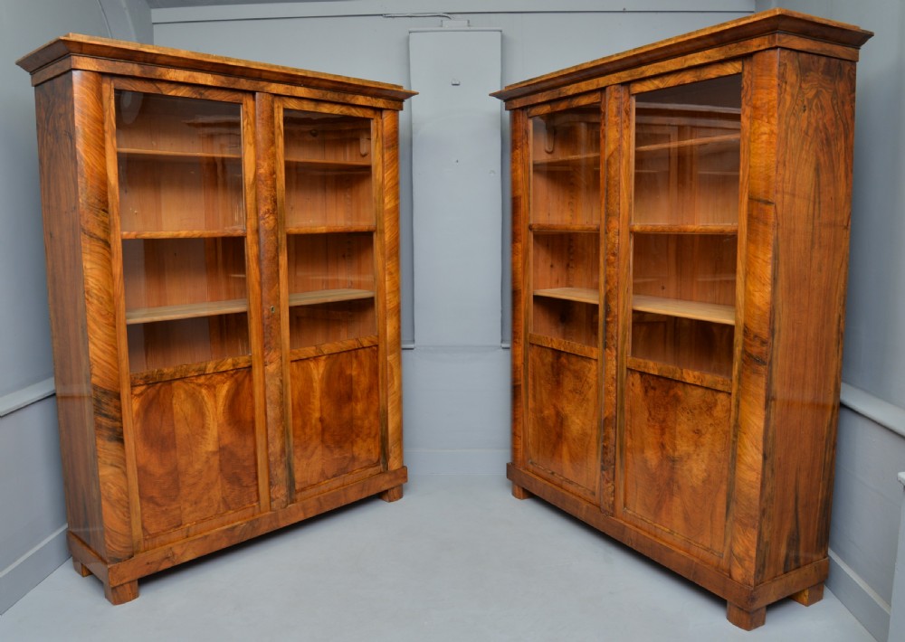 Striking Pair Of Biedermeier Figured Walnut Bookcase Cabinets View XIX