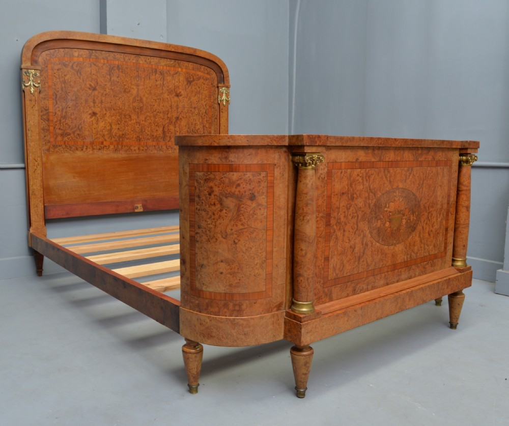 Elegant French Empire Style Burr-Walnut Double Bed & Bedside Cabinet