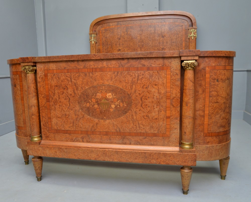 Elegant French Empire Style Burr-Walnut Double Bed & Bedside Cabinet View III