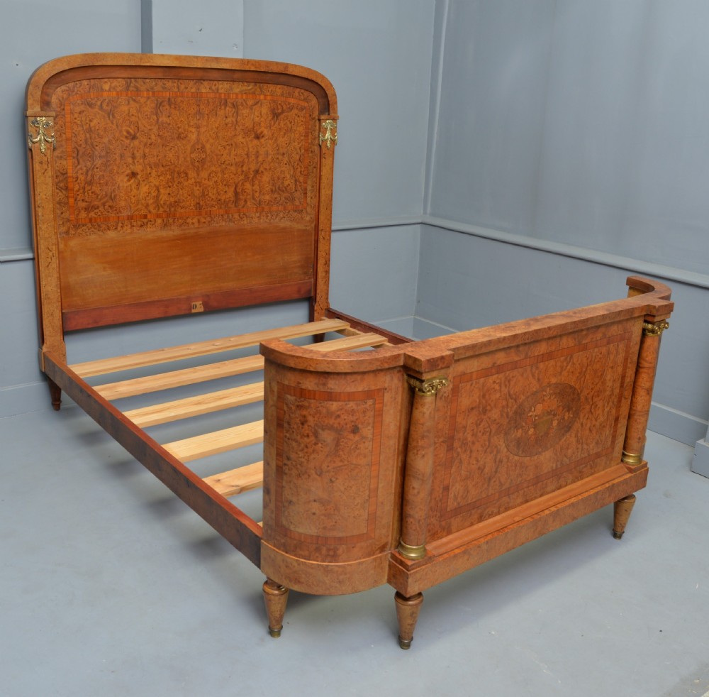 Elegant French Empire Style Burr-Walnut Double Bed & Bedside Cabinet View VIII