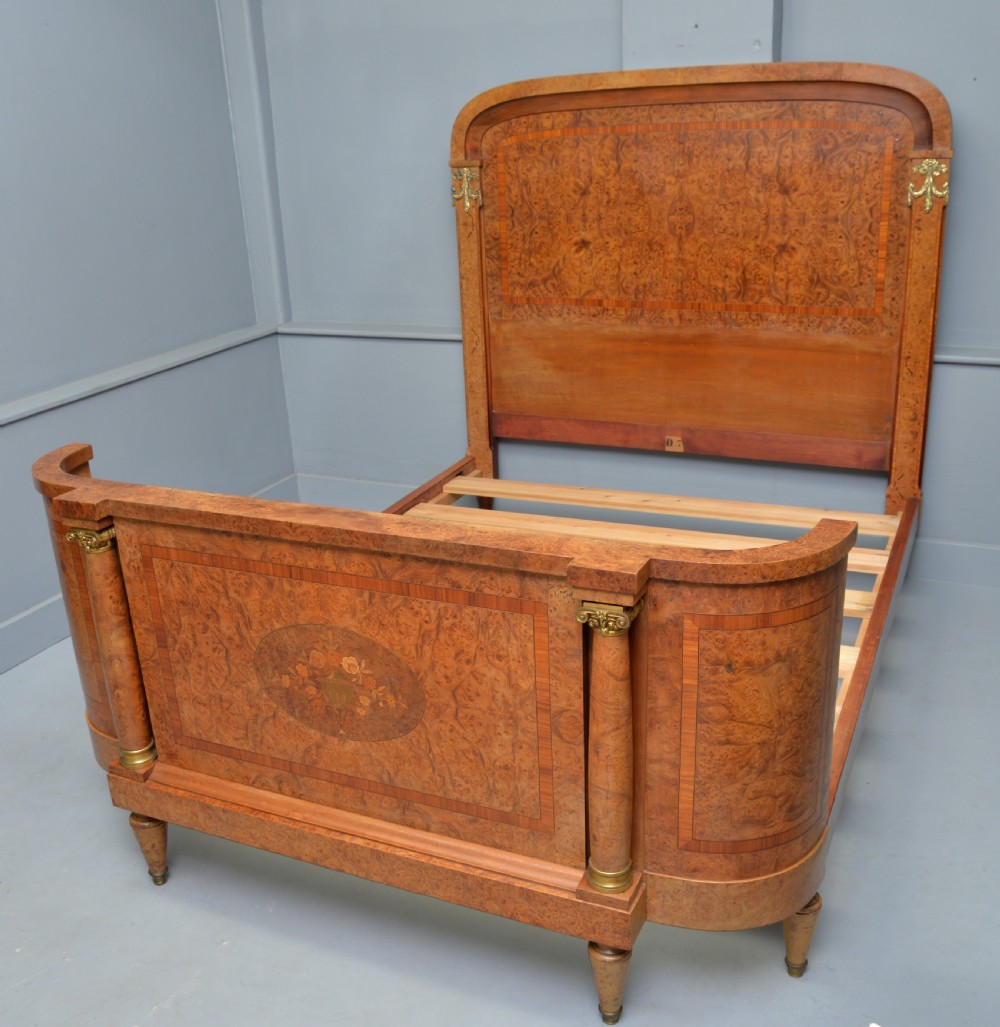 Elegant French Empire Style Burr-Walnut Double Bed & Bedside Cabinet View XI