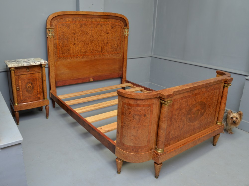 Elegant French Empire Style Burr-Walnut Double Bed & Bedside Cabinet View II