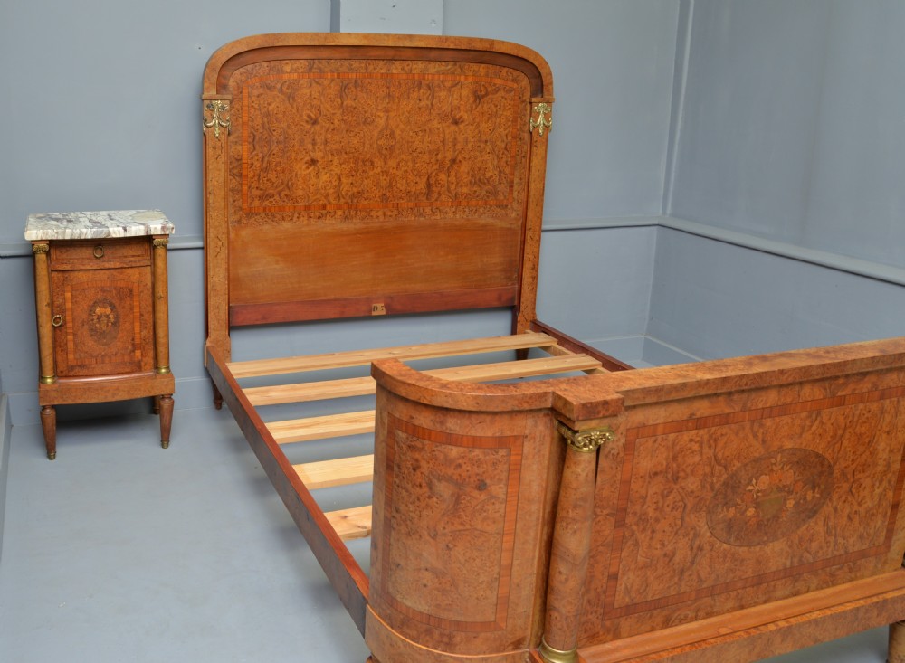 Elegant French Empire Style Burr-Walnut Double Bed & Bedside Cabinet View XIX